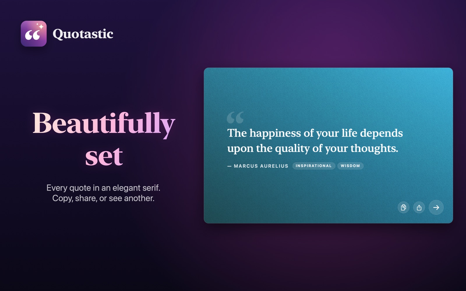 A quote in an elegant serif on a rich gradient, with copy and share
