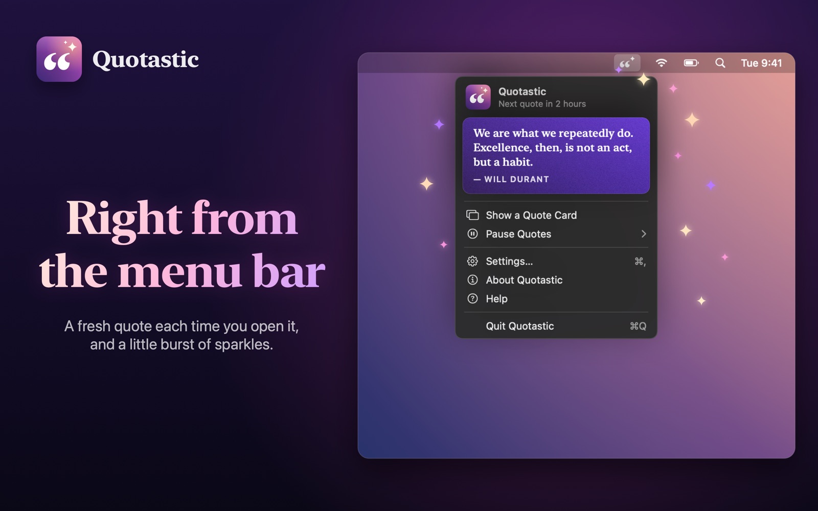 The menu bar menu with a fresh quote and sparkles
